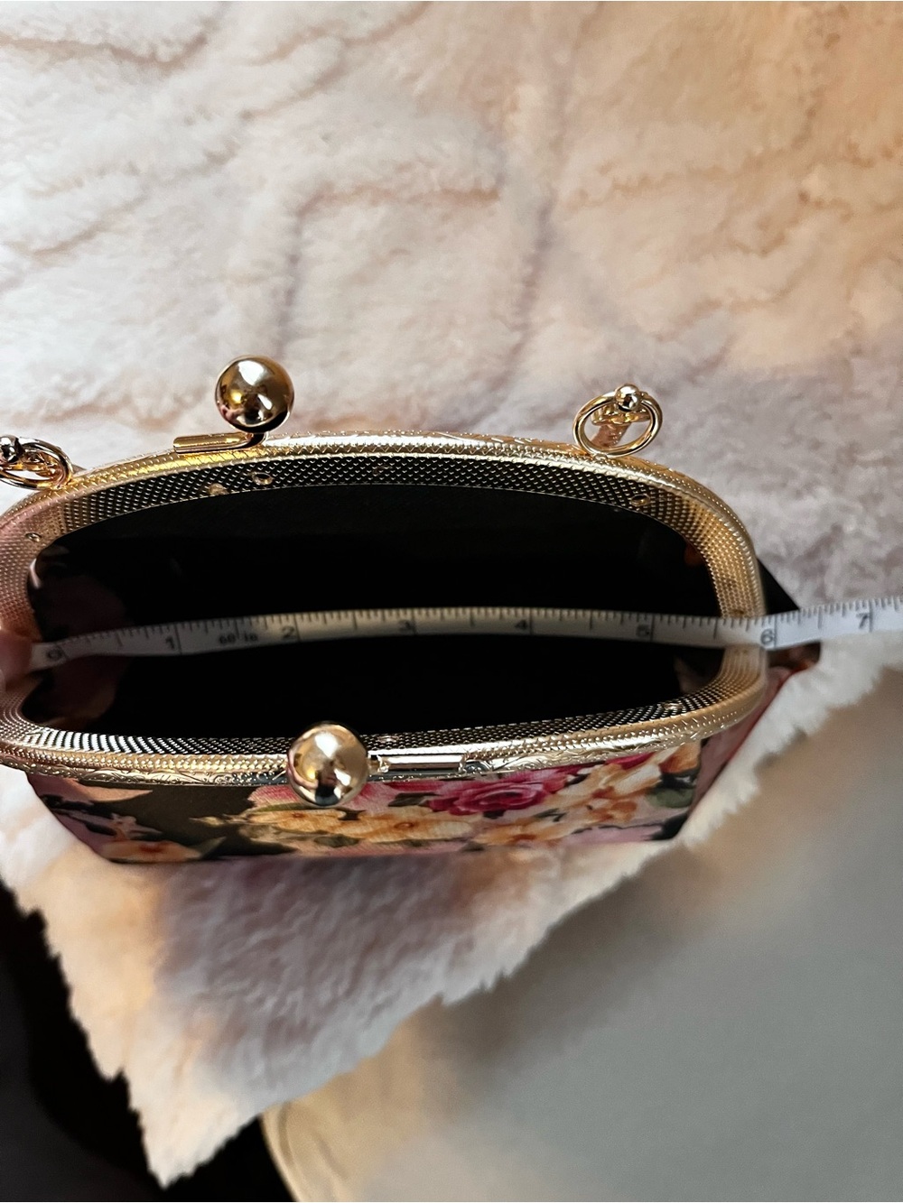 Floral Kiss Lock Clutch Gold Hoop Handle Purse - Picture 12 of 14